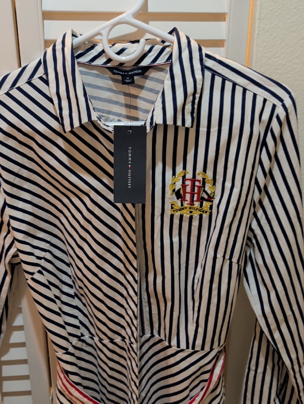 NEW Tommy Hilfiger Navy and White Striped Shirt Dress with Crest